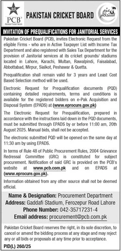 Pakistan Cricket Board Lahore Tender Notice